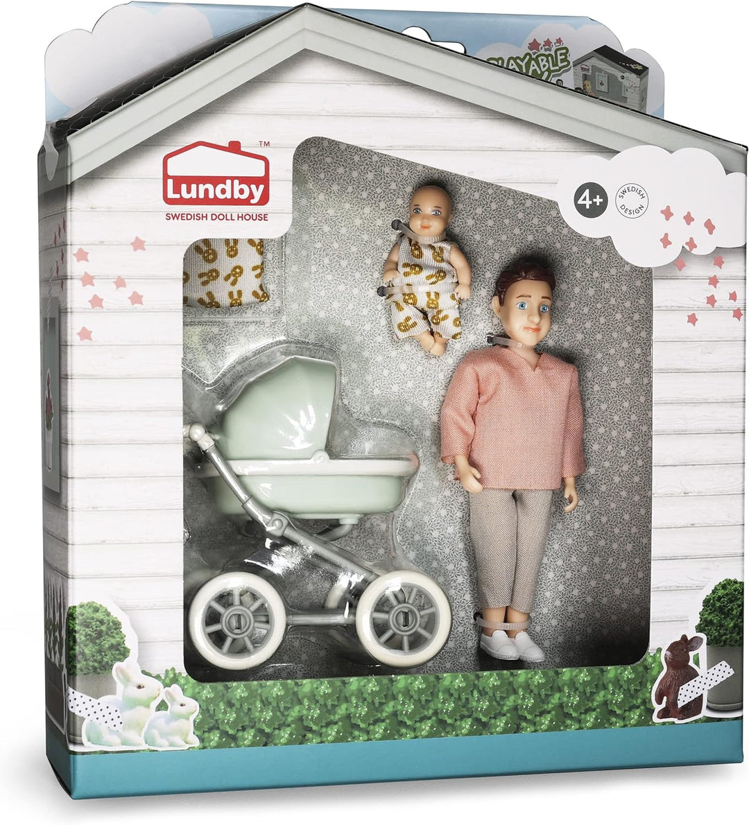 Lundby Puppenhaus Puppen - Puppe Puppenhaus Papa mit Biegepuppe Baby und Miniatur Kinderwagen - Pupp