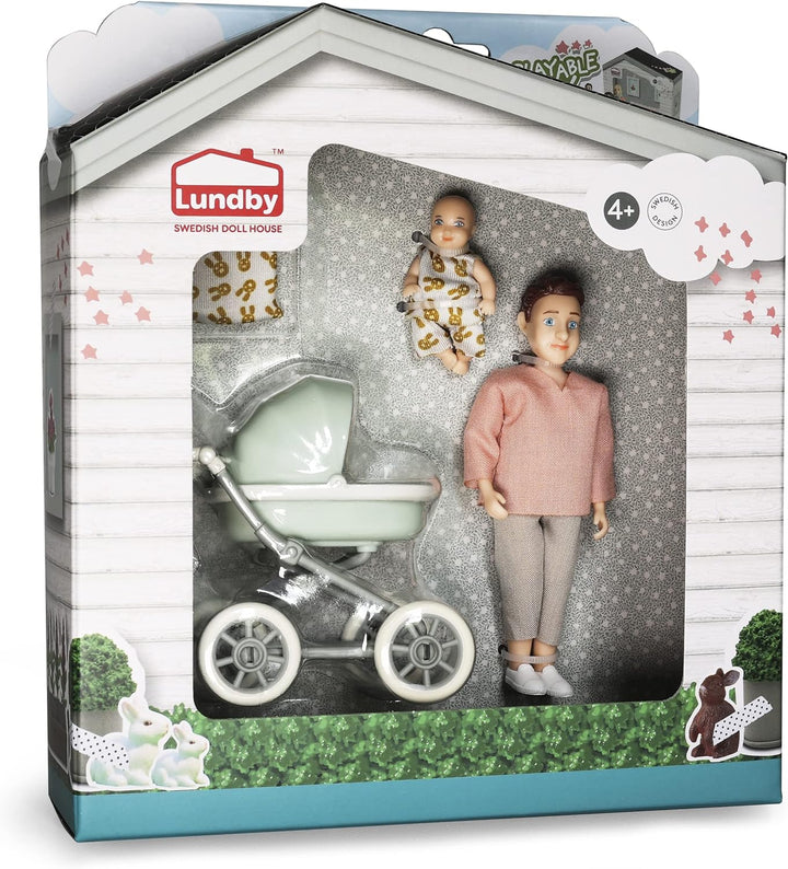 Lundby Puppenhaus Puppen - Puppe Puppenhaus Papa mit Biegepuppe Baby und Miniatur Kinderwagen - Pupp