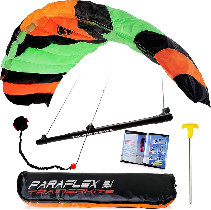 Wolkenstürmer® Paraflex Trainer 3-Leiner Lenkmatte 3.1 grün/orange - „Ready to Fly“ Kite Drachen ink