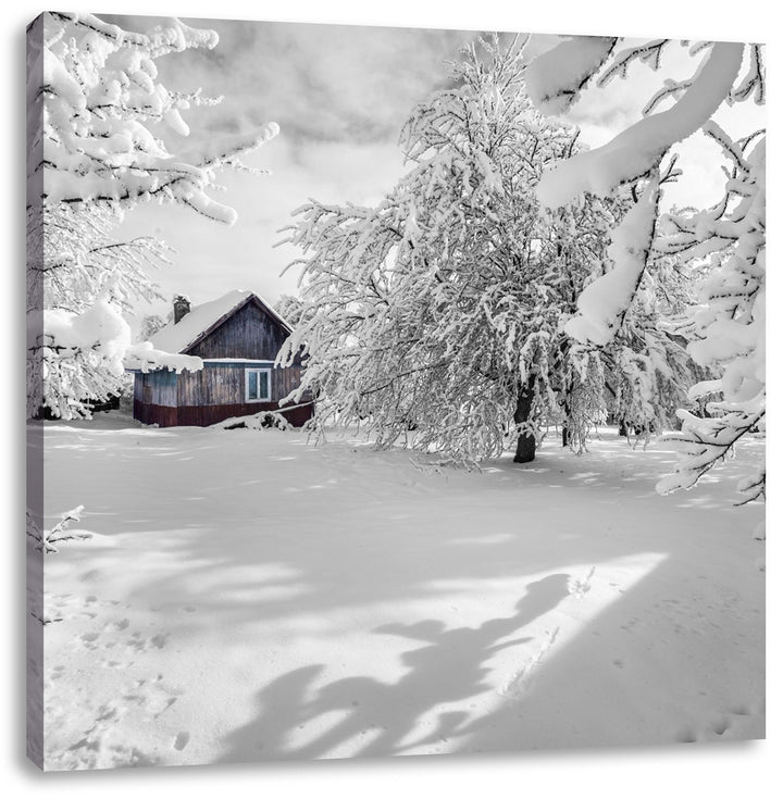 Pixxprint einsame Hütte in schöner Winterlandschaft schwarz/weiss, Format: 70x70 auf Leinwand, 70x70