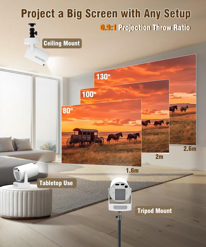 Alwtniet Mini Projektor, Mini Beamer 4K Unterstützt, Wi-Fi 6 und Bluetooth 5.4, 5W Lautsprecher, Aut