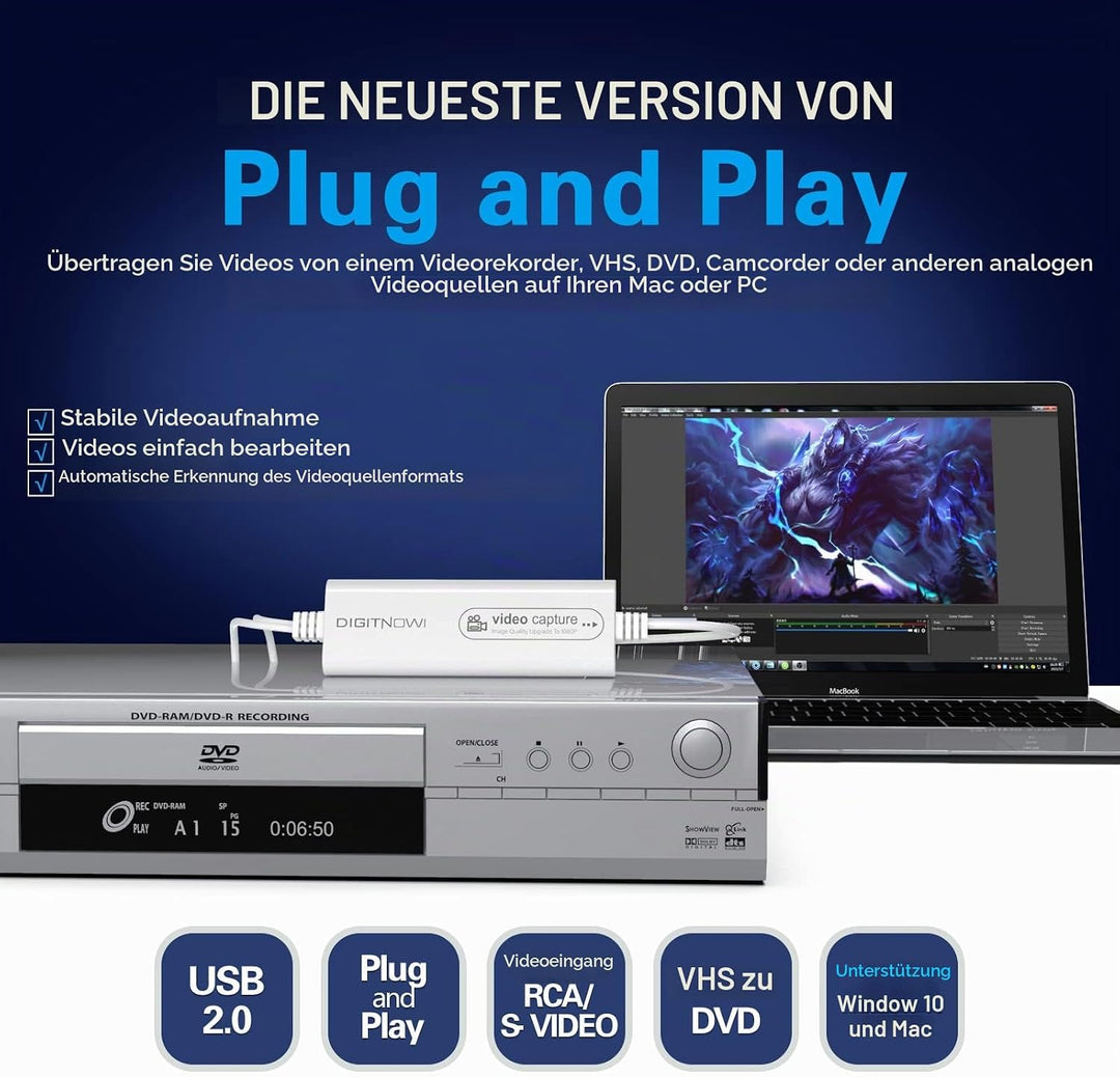 DIGITNOW! USB 2.0 Video Capture Card,VHS VCR TV zu DVD Converter,Unterstützung für Mac OS X PC Windo