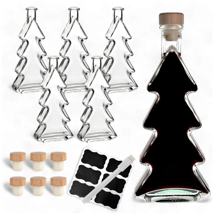 gouveo 6er Set Glasflasche 200 ml Tanne mit Korken (HGK) - Kleine Tannen-Flasche mit Korkverschluss