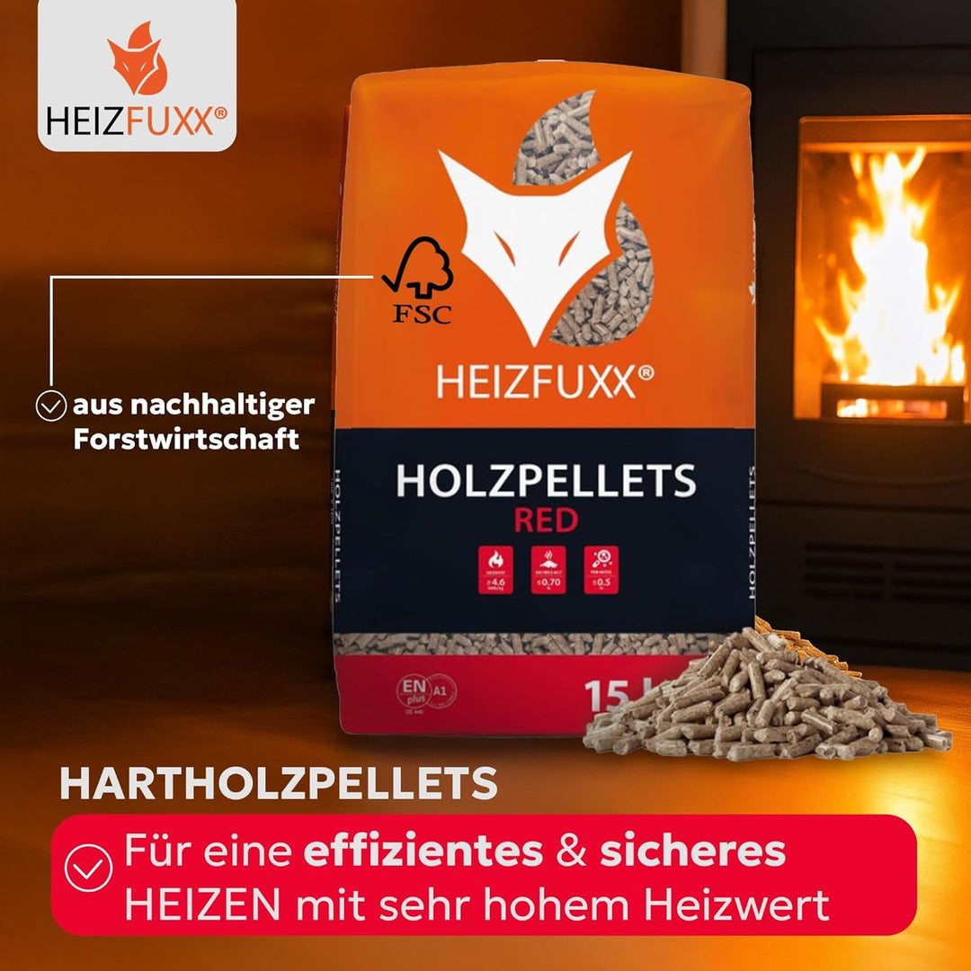 Holzpellets Red Sackware 15 kg - 6mm Hartholz Pellets mit hohem Heizwert & geringem Ascheanteil - Pr