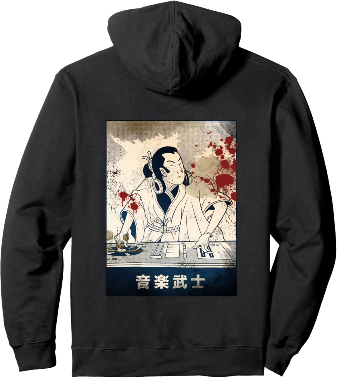 Japanese Samurai DJ Bushido Warrior Funny Old Vintage Stamp Pullover Hoodie