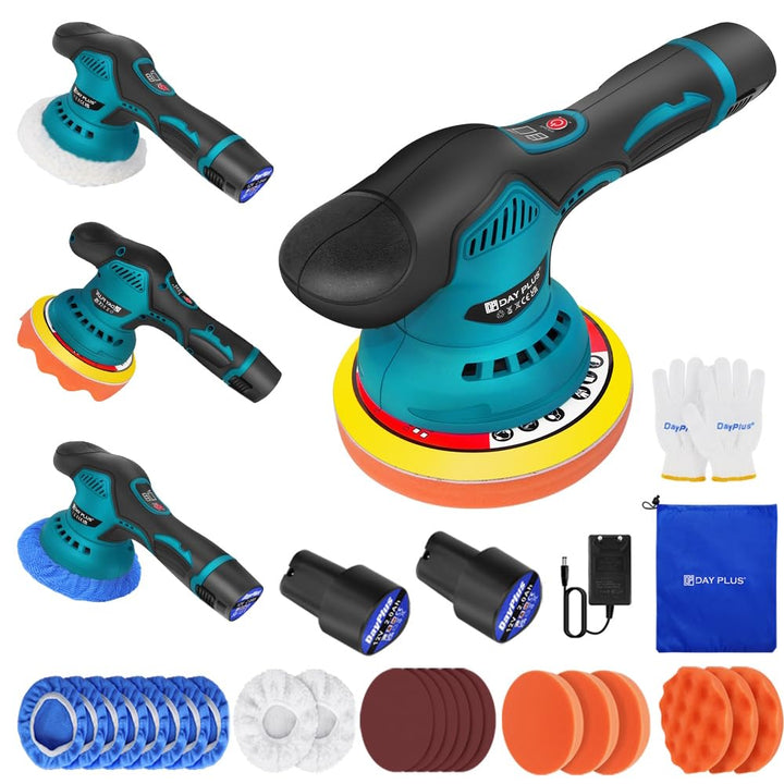 Akku Poliermaschine Set, Auto Poliermaschine Set 22pcs, Exzenter Poliermaschine Polierer mit 2 Batte