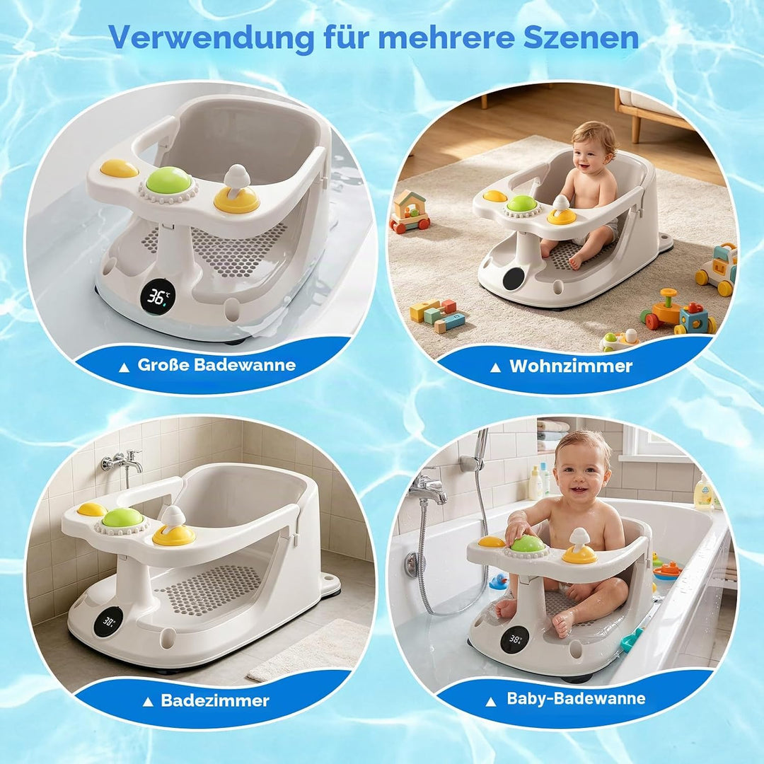 Baby Badewannensitz mit Echtzeit Temperaturüberwachung - Tragbarer Baby Bath Seat mit 4 Rutschfesten