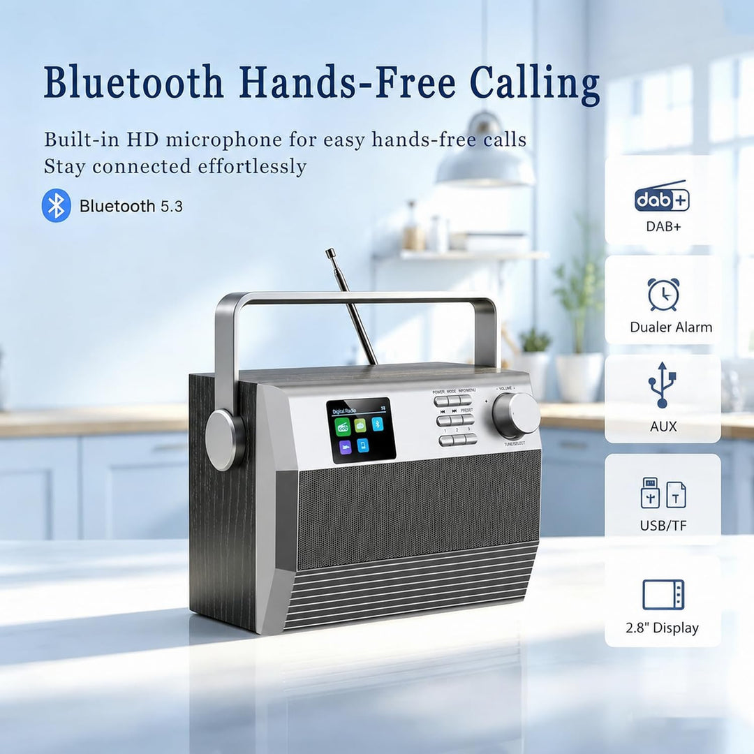 DAB+/UKW Radio mit Bluetooth &amp; Freisprechfunktion, 6W RMS Stereo Küchenradio mit Farbdisplay, dualem