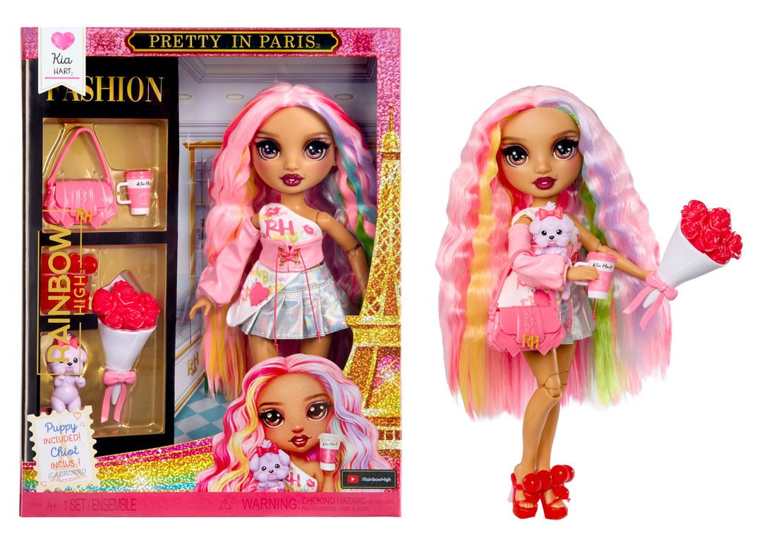 Rainbow High Pretty in Paris Modepuppe - Kia Hart - 28 cm grosse Modepuppe in Rosa mit Welpen, Handt