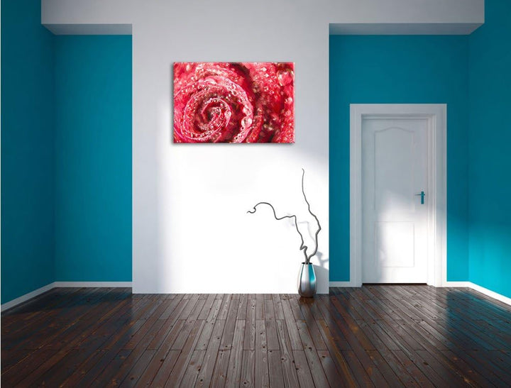 Pixxprint Rose mit Wassertropfen als Leinwandbild/Grösse: 100x70 cm/Wandbild/Kunstdruck/fertig bespa