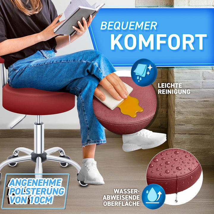 TRESKO® Rollhocker mit Lehne höhenverstellbar 10cm Dicke Polsterung Drehbar | Hocker 46-58cm | Arbei