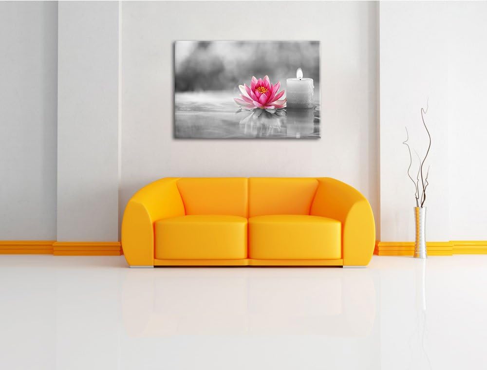 süsse Seerose neben Kerze schwarz/weiss Format: 100x70 auf Leinwand, XXL riesige Bilder fertig gerah