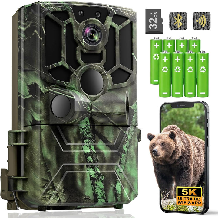 Wildkamera mit Handyübertragung App, 5K Video 60MP Full HD WLAN Bluetooth Wildtierkamera Nachtsicht