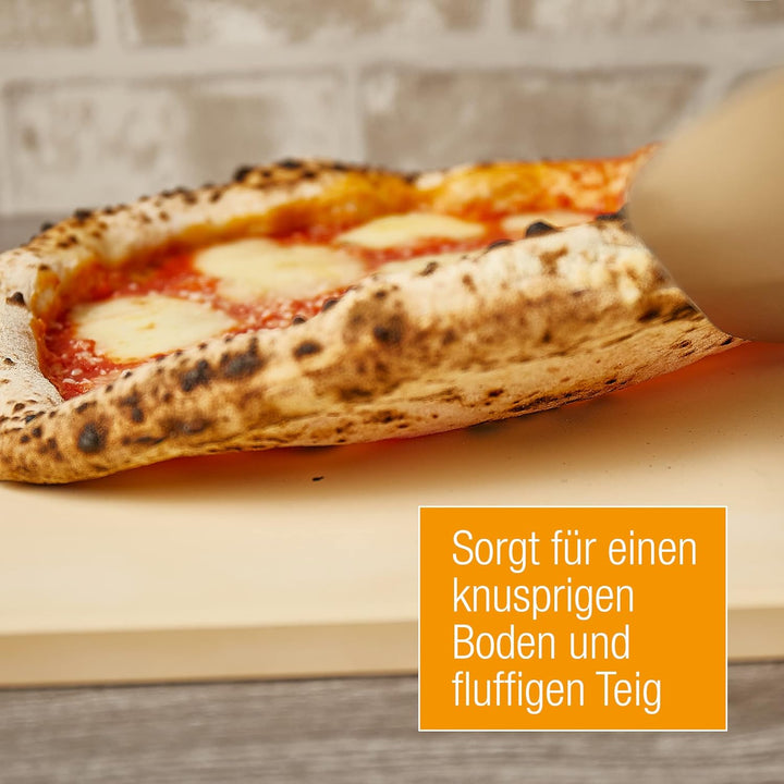 Amazy Pizzastein inkl. Aluminium Pizzaschaufel, Dauerbackfolie und Rezepte Heft – Der hitzebeständig