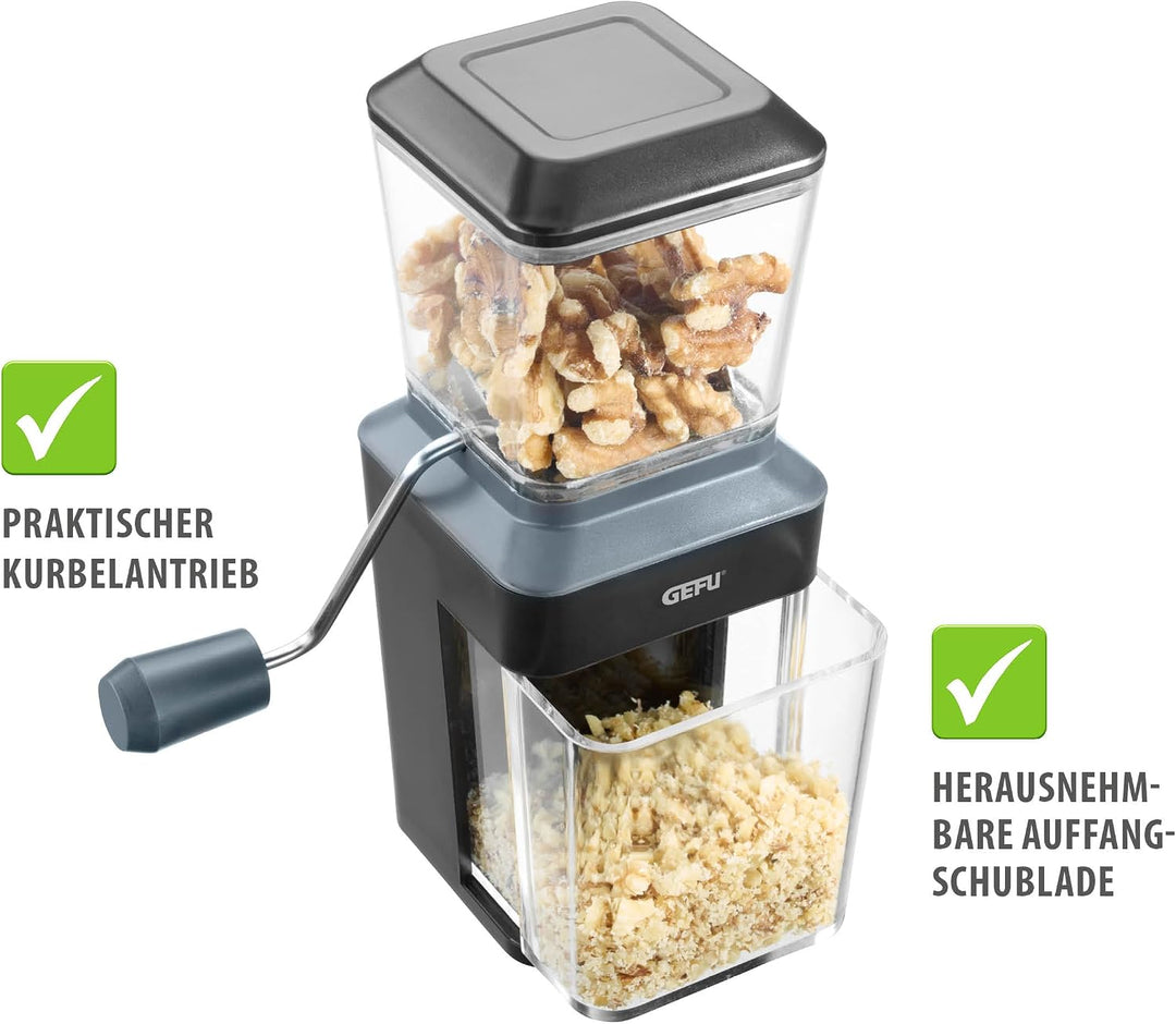 GEFU Nussmühle TRITO | Edelstahl-Schneidwerk mit Kurbel | Für Nüsse, Mandeln, Schokolade, Kekse | Mi