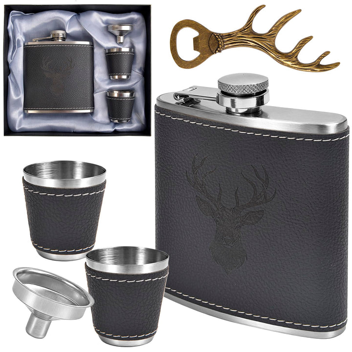 Jäger Geschenk Flachmann mit Hirsch Gravur - 6oz/180ml Edelstahl Flask Set in Geschenkbox mit 2x10ml