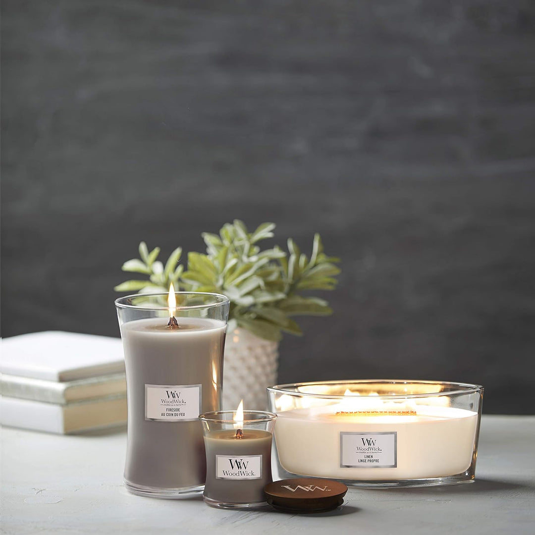 Ellipsenförmige WoodWick Duftkerze mit knisterndem Docht, Linen, bis zu 50 Stunden Brenndauer, 454g