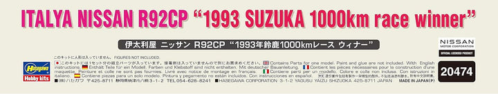 Hasegawa 20474 1/24 Italya Nissan R92CP, 1993 Suzuka 1000 km Race Winner Modellbausatz, Mehrfarbig,