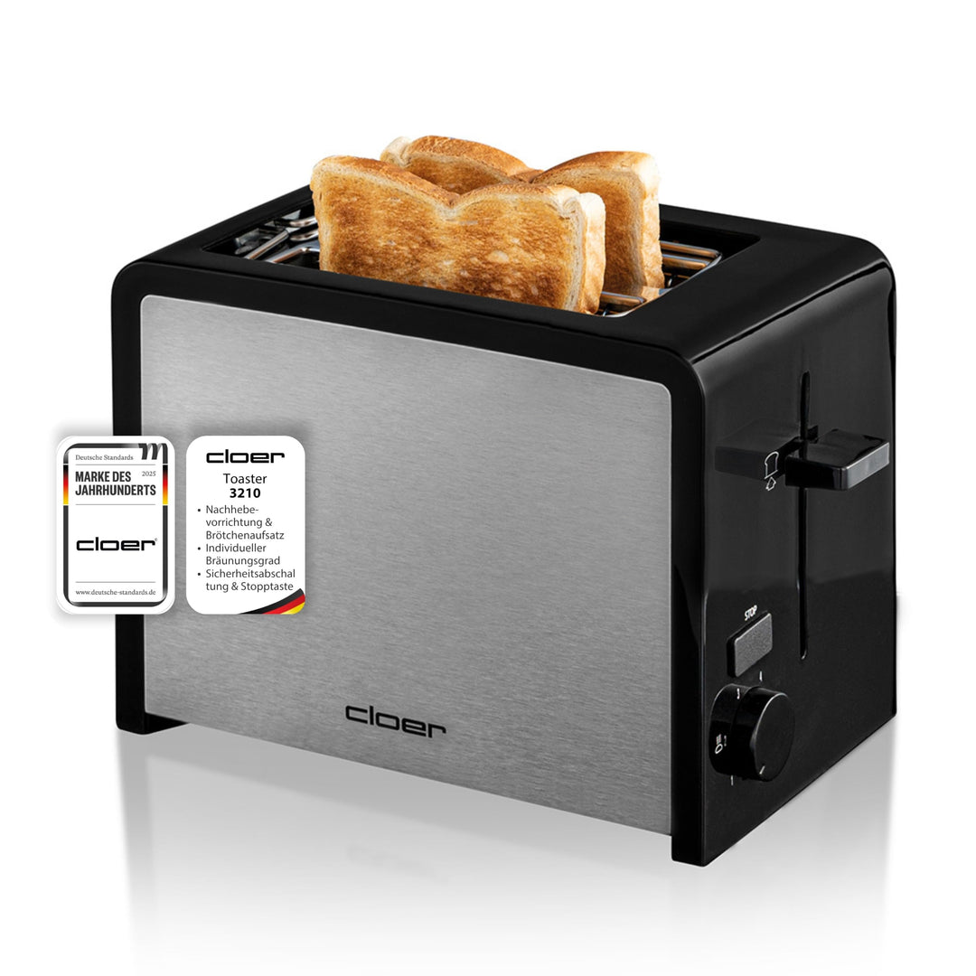 Cloer 3210 Toaster, 825 W, für 2 Toastscheiben, integrierter Brötchenaufsatz, Nachhebevorrichtung, K