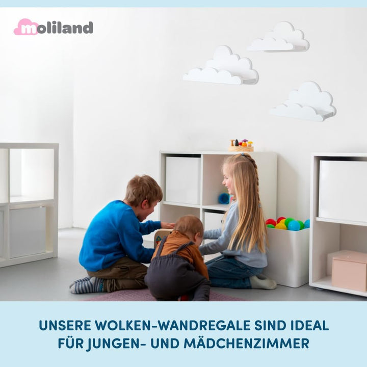3er Set Wandregal Kinderzimmer Weiss | Babyzimmer Wolkenregal für Bücher, Spielzeug, Dekoration | Re