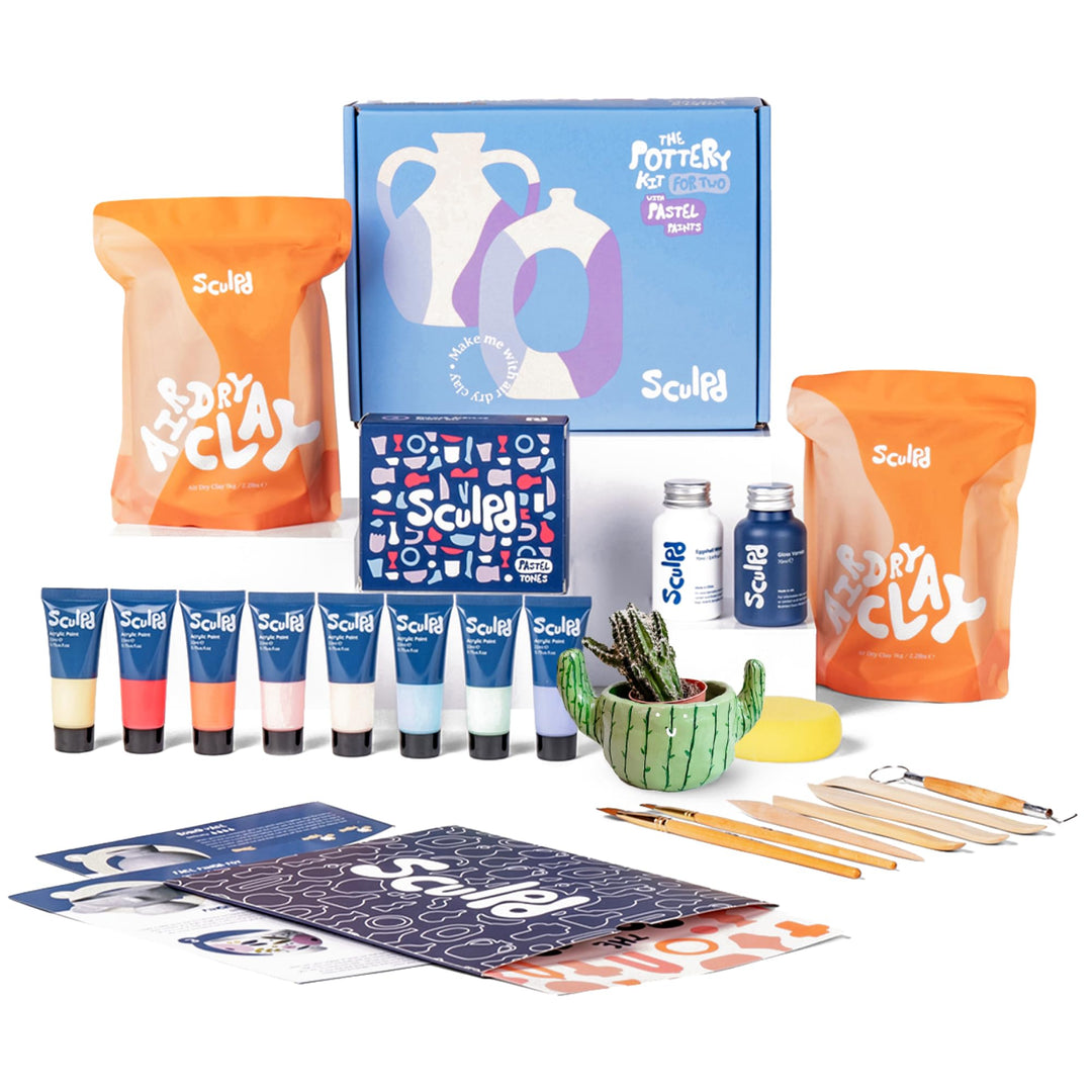 Sculpd Pottery Starter Kit – Komplettes Anfängerset aus luftgetrocknetem Ton + Malen für 2 Erwachsen