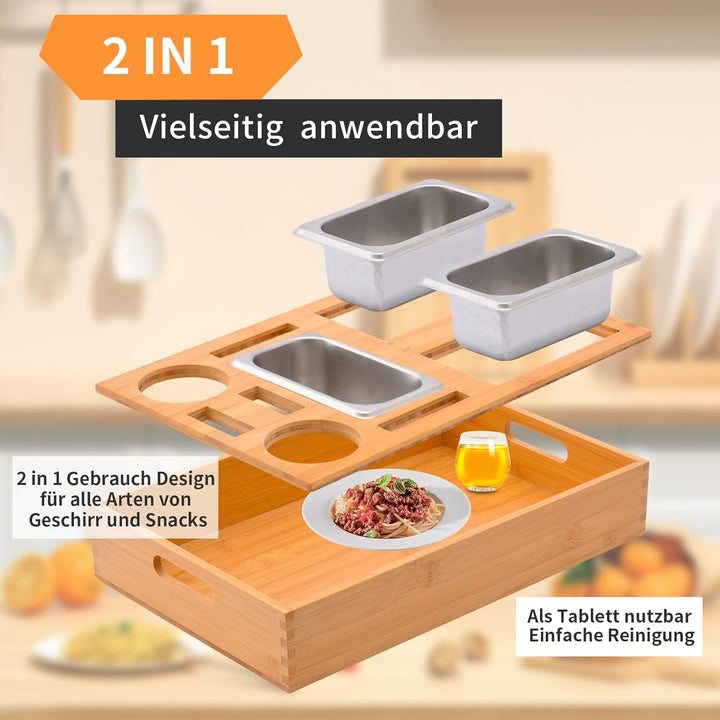 Couchbar Snackbox, Snackspender mit 3X Snackschale, Bambus Sofatablett für Sofa, Deko, Couch Bar mit