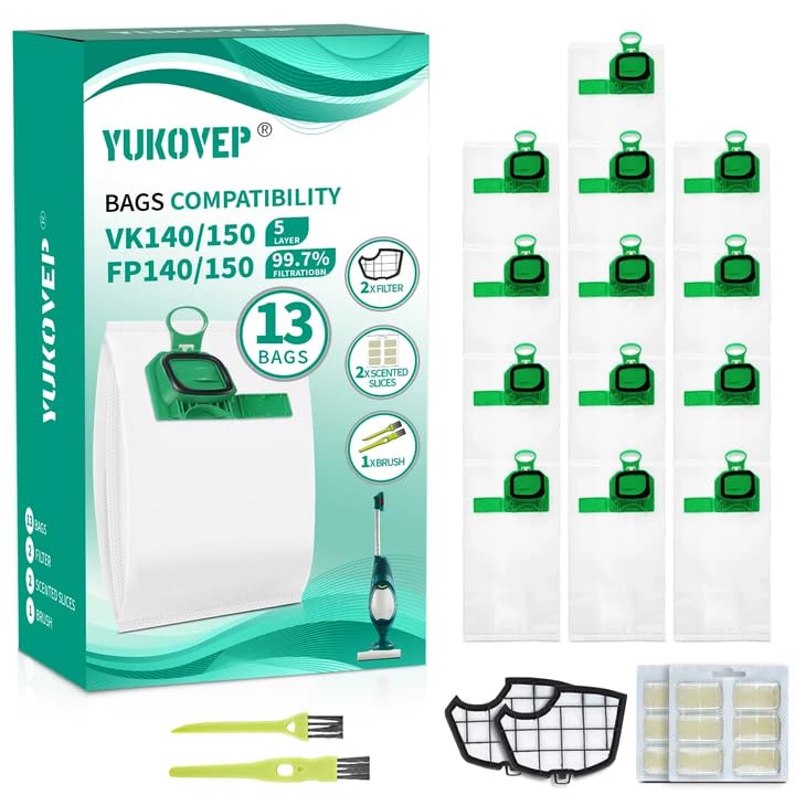 13 Staubsaugerbeutel für Vorwerk Kobold VK140 VK150 mit 2 Filter, 2 sauberen Bürsten, Zubehör-Set fü