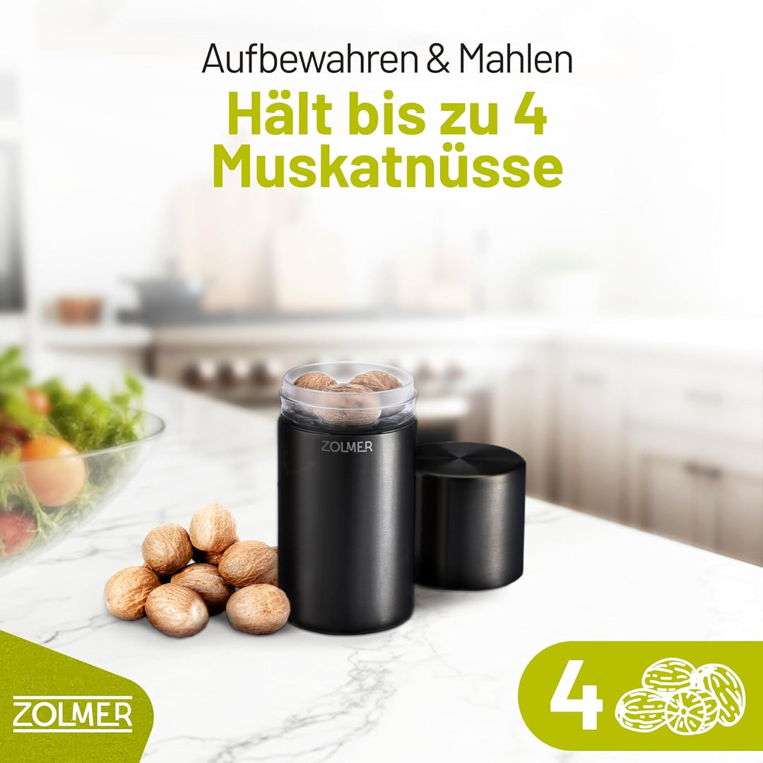 Muskatnuss Mühle mit Vorratsbehälter I Extra scharfes Mahlwerk für feinstes Muskatpulver I Muskatmüh