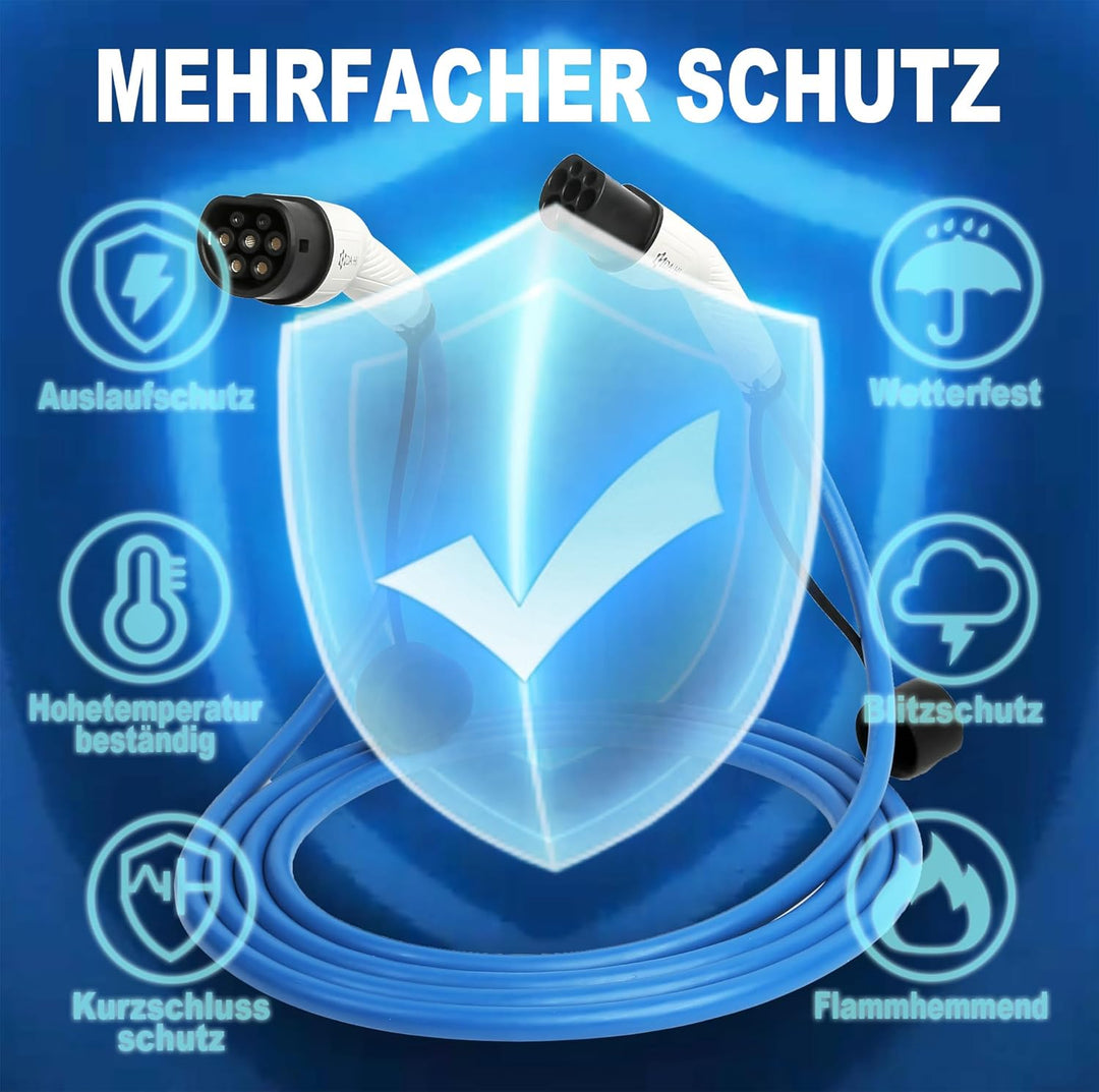 DA Hi EV Ladekabel Typ 2 für Elektroauto und PHEV 11KW 5m 16A 3-phasig, TüV Zertifiziert, Weiss-Blau