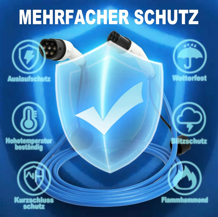 DA Hi EV Ladekabel Typ 2 für Elektroauto und PHEV 11KW 5m 16A 3-phasig, TüV Zertifiziert, Weiss-Blau
