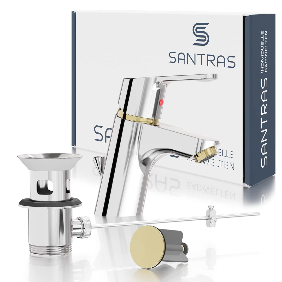 SANTRAS® Waschtischarmatur für das Bad mit Exzenter Ablaufgarnitur und Zugstange in Chrom/Gold – Ein