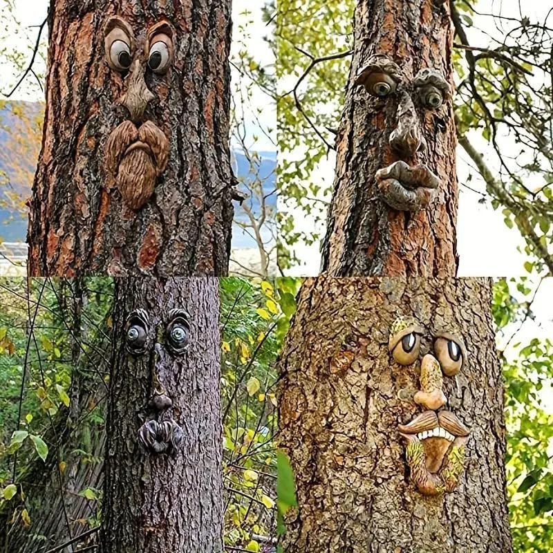 Baumstammdekoration, 4 Stück, 3D in Form eines Baumgesichts des alten Mannes, lustiges Harz, Vogelfe