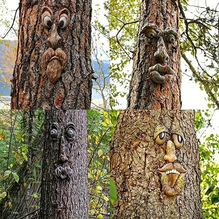 Baumstammdekoration, 4 Stück, 3D in Form eines Baumgesichts des alten Mannes, lustiges Harz, Vogelfe