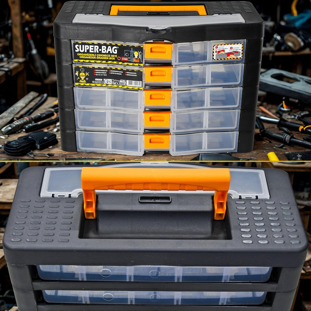 Werkzeugkoffer Kleinteile Organizer 5 Schubladen 390x190x260mm Sortierkasten 26 Innenfächer verstell
