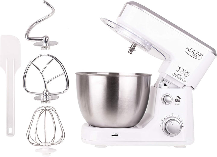 adler AD4216 Knetmaschine, 4 Liter, Einstellbare Geschwindigkeit, 1000 W, Weiss, Edelstahl Rostfrei