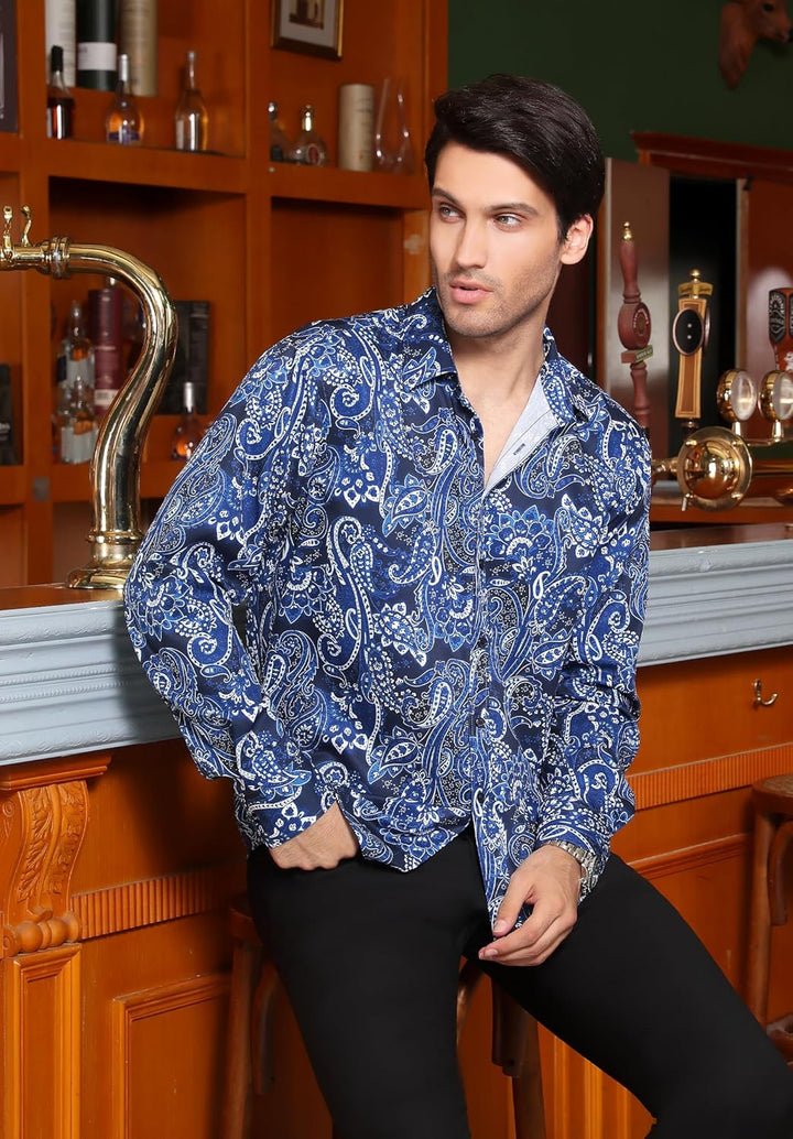 HISDERN Herren Paisley Hemd Langarm Satin Blumen Muster Hemd für Männer Jacquard Stickerei Freizeith
