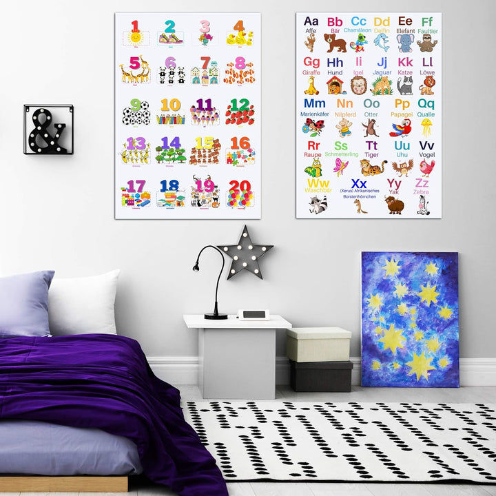 ABC Poster und Zahlen Lernposter DinA2 Set für Grundschüler - Alphabet und Zahlen von 1 bis 20 Lerne