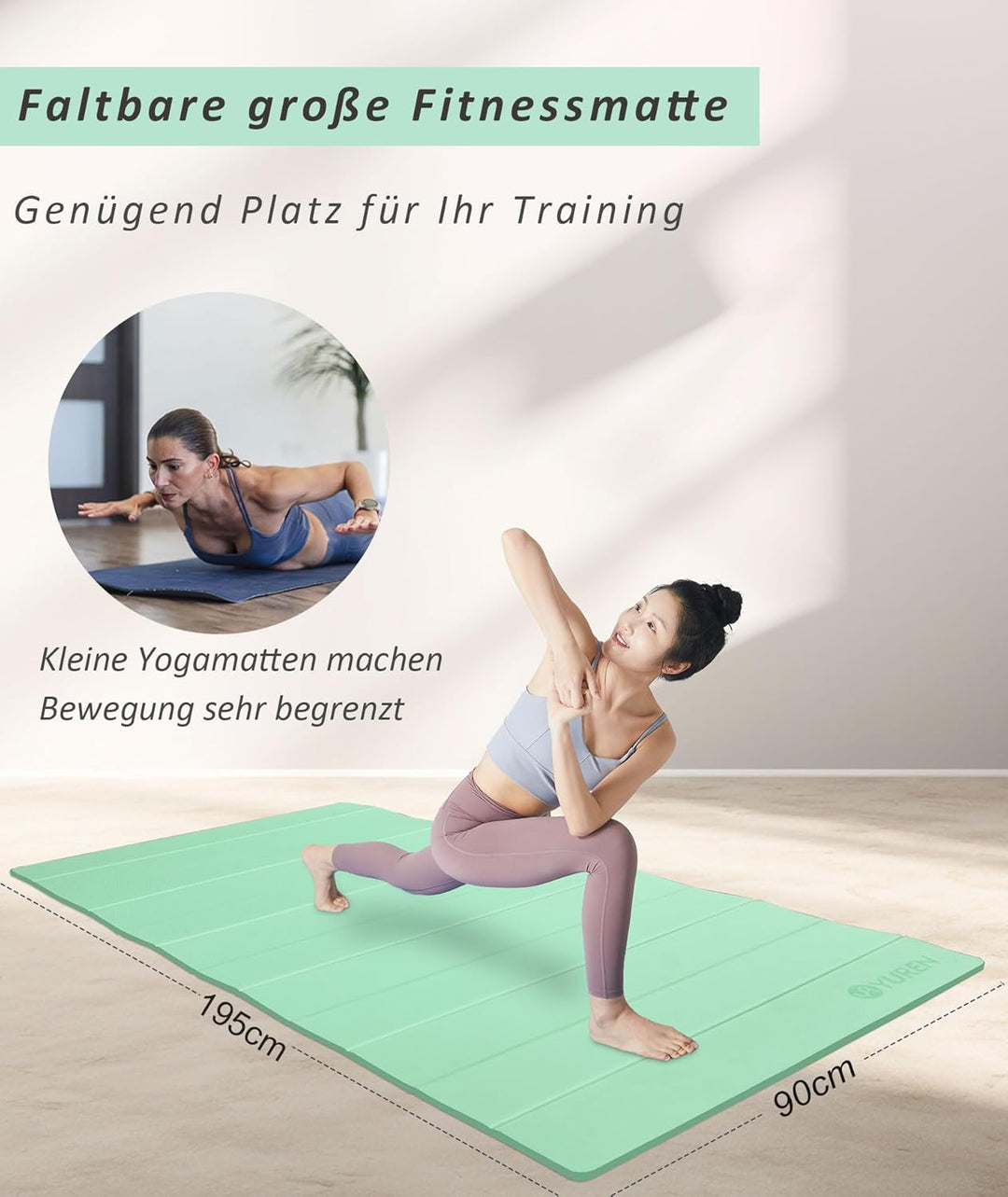 Faltbar Yogamatte 195×90cm TPE Fitnessmatte Rutschfest Tragbar Gymnastikmatte 10mm Dicke Trainingsma