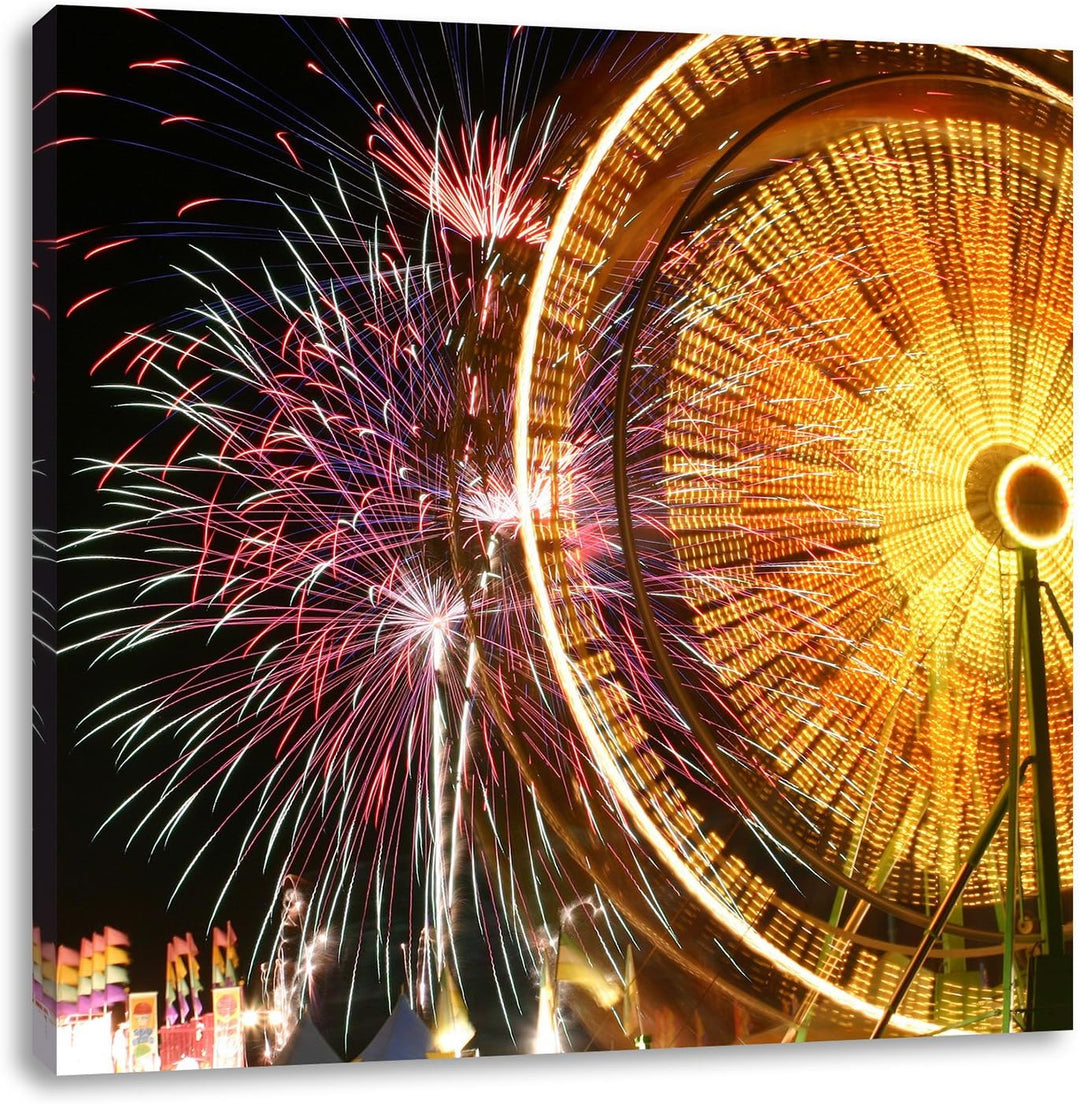 Jahrmarkt mit Feuerwerk, Format: 70x70 auf Leinwand, XXL riesige Bilder fertig gerahmt mit Keilrahme