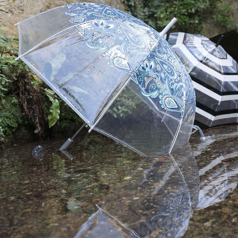 SMATI Durchsichtiger Regenschirm transparent Stockschirm Glockenform Blau Paisleymuster, Blau Paisle