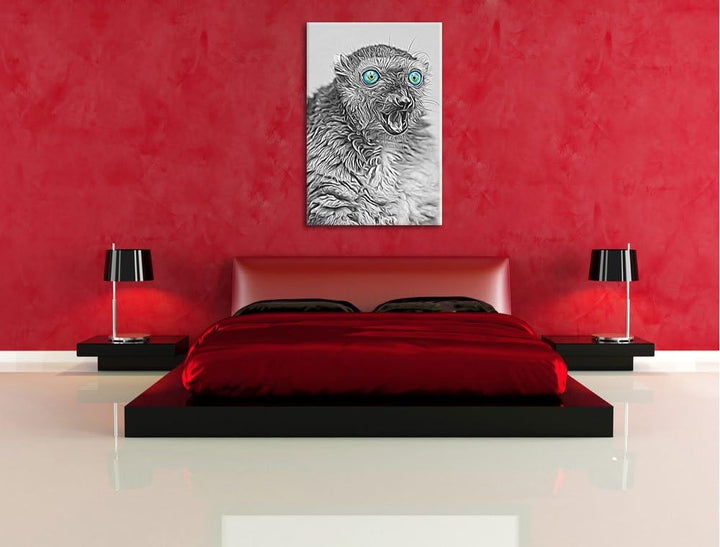 aufmerksamer seltener Blauaugenmaki schwarz/weiss Deluxe Format: 100x70 cm auf Leinwand, XXL riesige