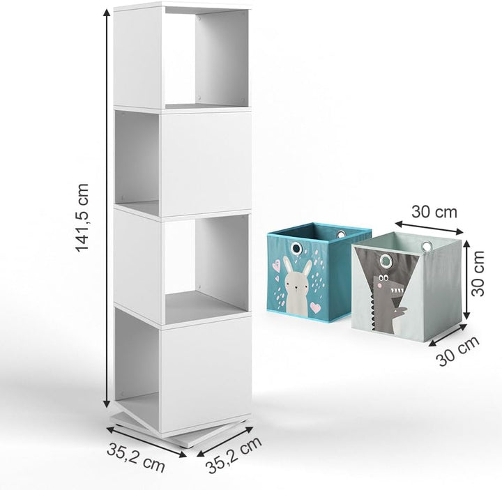 Vicco Kinderregal, Weiss, 35.2 x 141.5 cm mit 4 Faltboxen Weiss Drehregal + 4 Faltboxen, Weiss Drehr