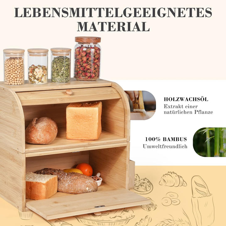 GUUSII HOME Brotkasten Holz Bambus Gross Retro Eco Brotbox Rolldeckel Doppellagig Stapelbar Brot Auf