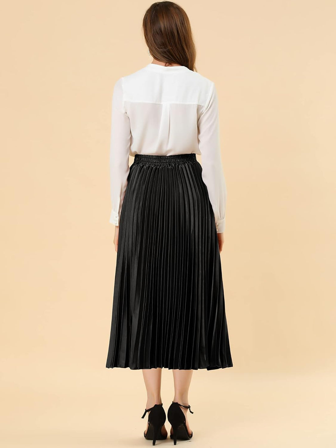 Allegra K Damen Maxi Faltenrock Hohe Taille Plisseerock A-Linie Elastisch Swing Eleganter Rock S Sch