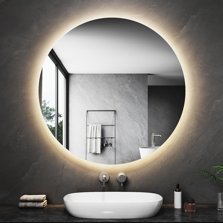 SONNI Badspiegel mit Beleuchtung Rund 80x80 cm, LED Spiegel mit Touch-Schalter und Dimmbar, Beschlag