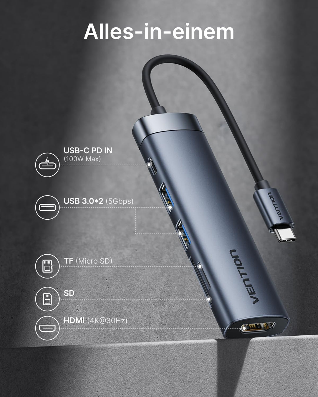 VENTION USB C Hub PD 100W, 6 in 1 Docking Station, 4K@30HZ HDMI, USB A 3.0 Data Transfer Splitter Po