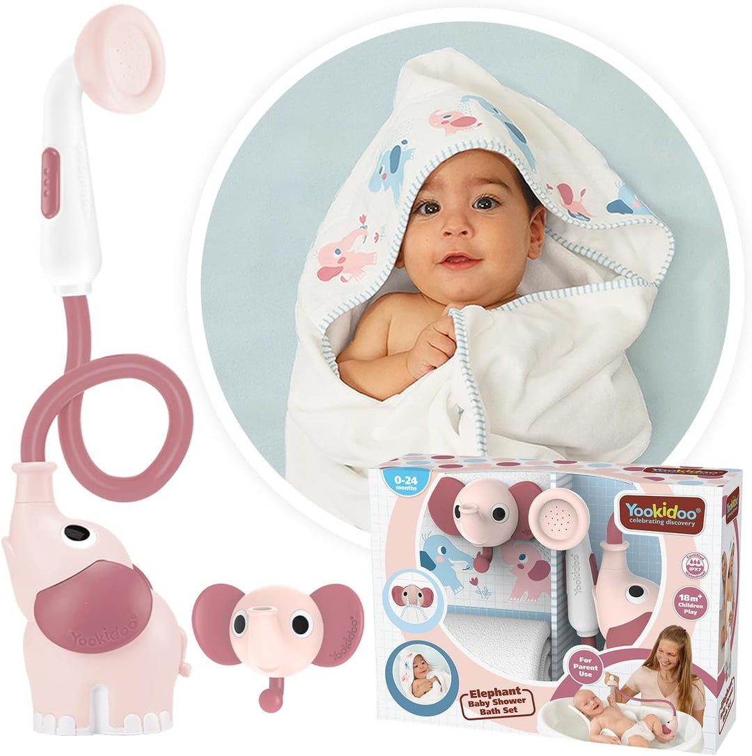 Yookidoo Duschkopf für Baby-Badewanne, Elefanten-Wasserpumpe mit Stammauslauf und Spüler, kontrollie