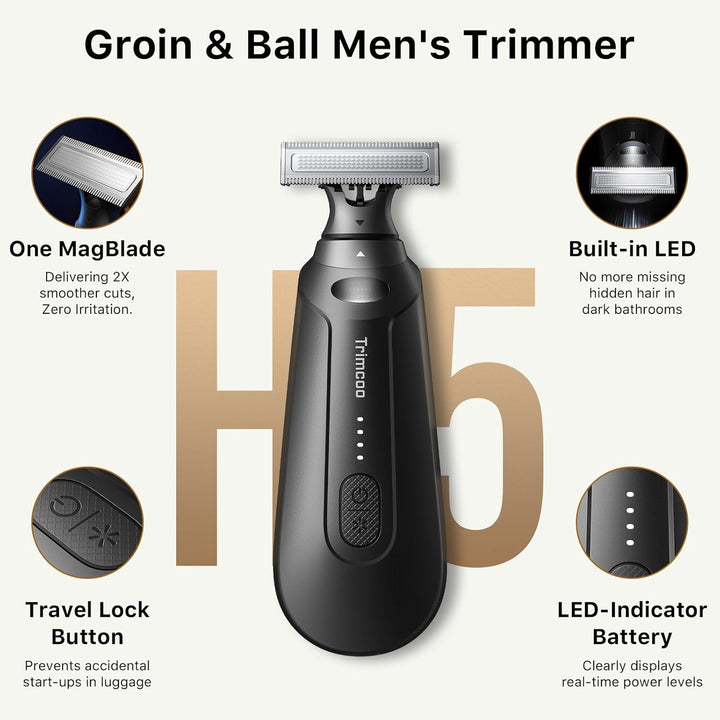 H5 Groin & Body Hair Trimmer for Men – 2025 Upgrade, Waterproof Wet/Dry Electric Groomer, USB-C Rech