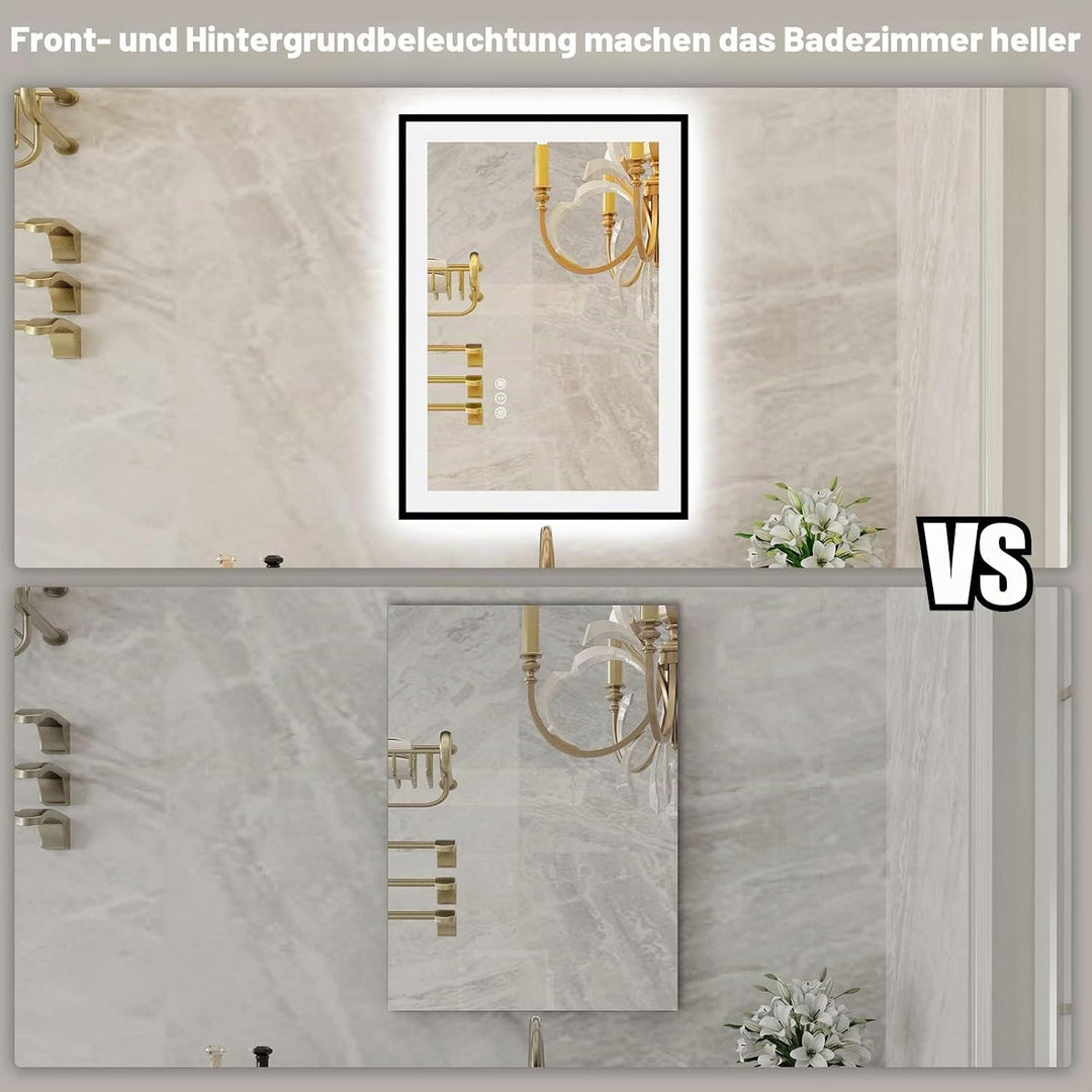 50x70cm Badspiegel mit Beleuchtung, Hartglas Badspiegel LED Antibeschlag, Schwarzer Aluminiumrahmen