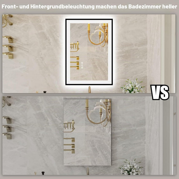 50x70cm Badspiegel mit Beleuchtung, Hartglas Badspiegel LED Antibeschlag, Schwarzer Aluminiumrahmen